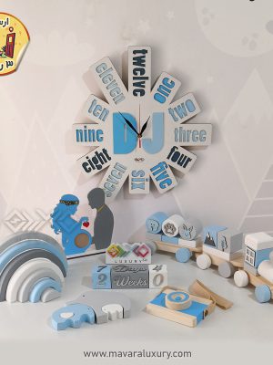 ست اکسسوری اتاق کودک با تم رنگی آبی و طوسی و سفید
